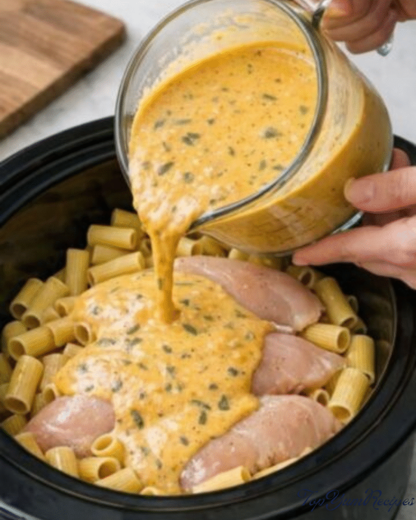 slow cooker creamy butternut squash chicken rigatoni
