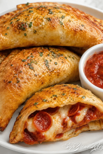Crispy homemade pizza pockets filled with melted mozzarella cheese