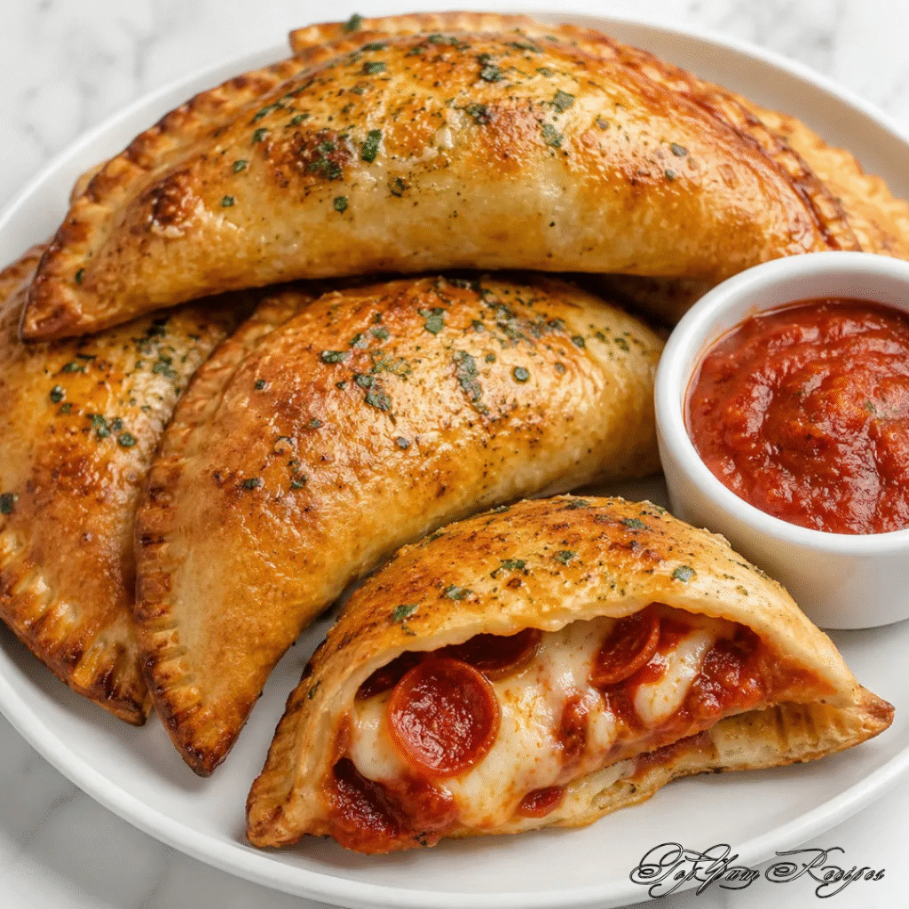 Easy cheesy pizza pockets served with marinara dipping sauce