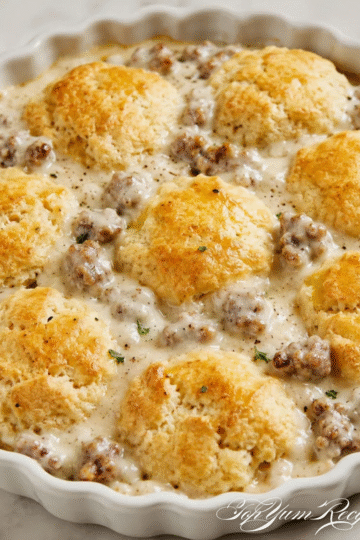 Sausage, Rich Gravy, and Biscuit Pie with golden biscuits baked over creamy sausage gravy