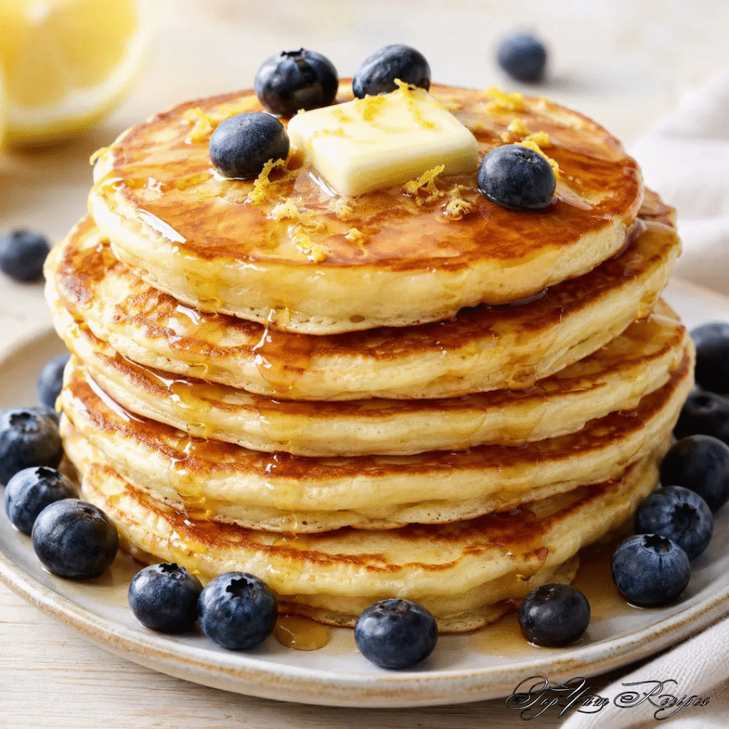 Fluffy lemon ricotta pancakes stacked on a plate with fresh berries, maple syrup, and powdered sugar.