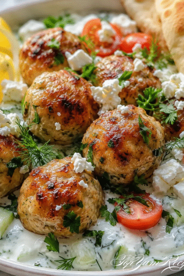 Juicy Greek chicken meatballs with fresh tzatziki sauce served on a white plate