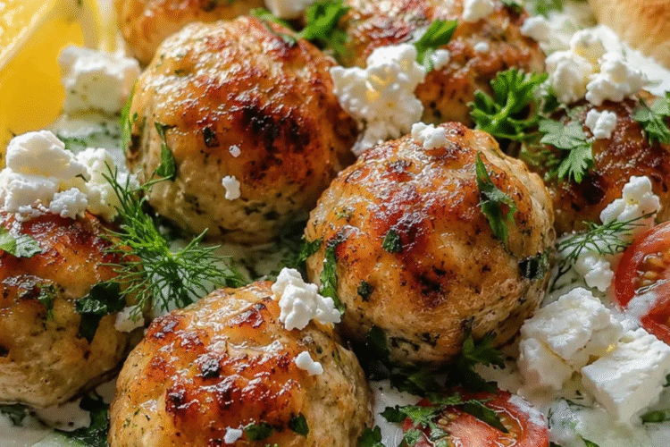 Juicy Greek chicken meatballs with fresh tzatziki sauce served on a white plate