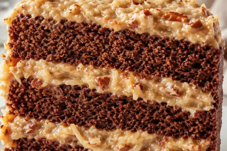Sliced delicious German chocolate cake with coconut pecan frosting on a cake stand