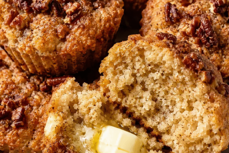 Keto cinnamon pecan cottage cheese muffins topped with chopped pecans