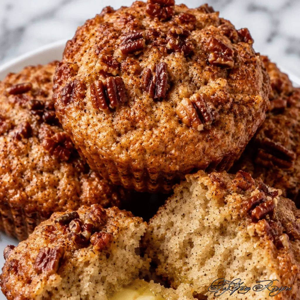 Keto cinnamon pecan cottage cheese muffins topped with chopped pecans