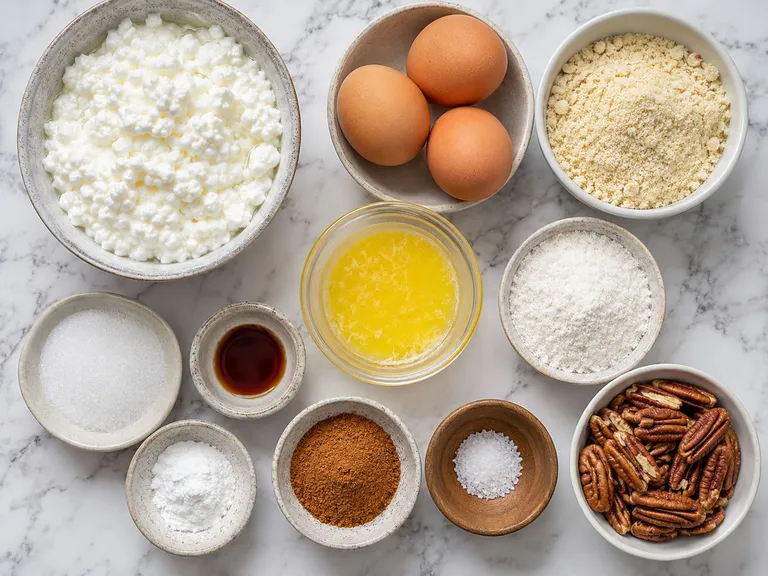Ingredients for keto cinnamon pecan cottage cheese muffins including cottage cheese, almond flour, cinnamon, eggs, and pecans