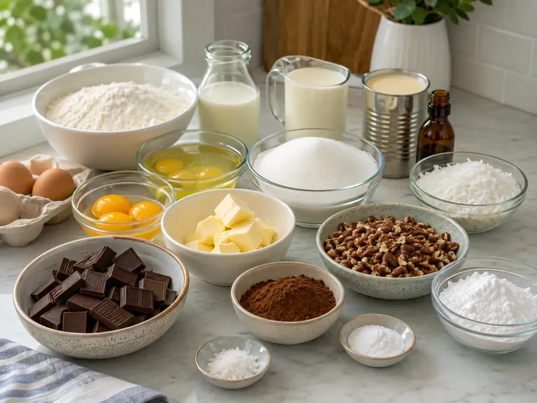 Ingredients for German chocolate cake recipe laid out on a wooden countertop