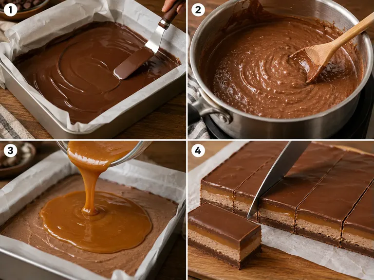 step by step of 3 Delicious Layers of Chocolate, Caramel & Nougat