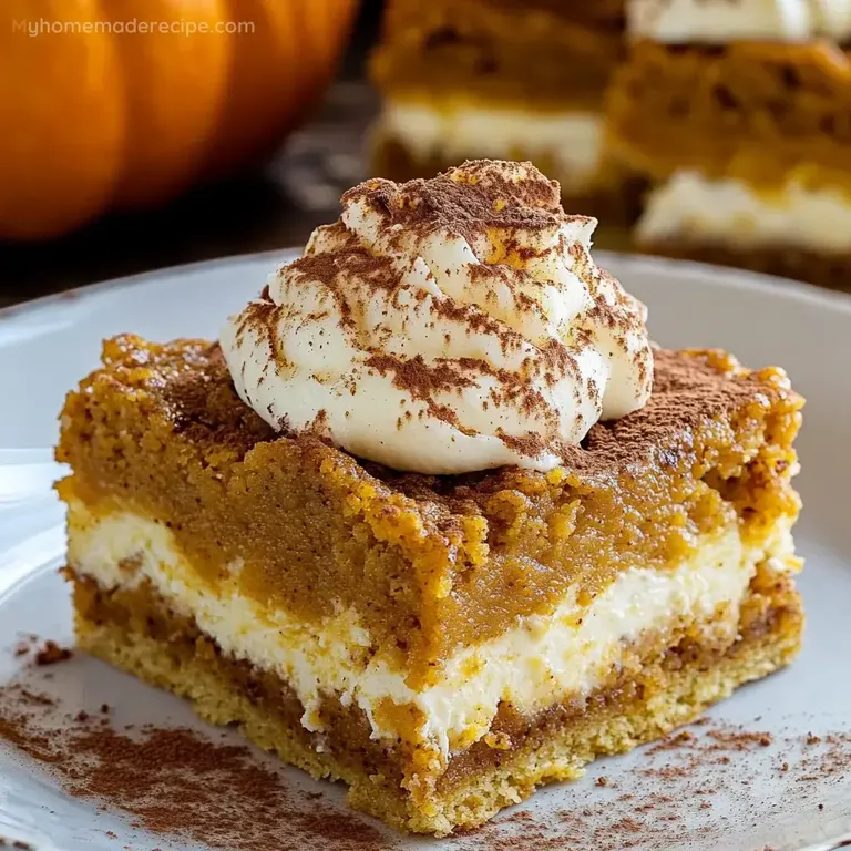 Homemade Pumpkin Roll Bars topped with creamy cream cheese frosting