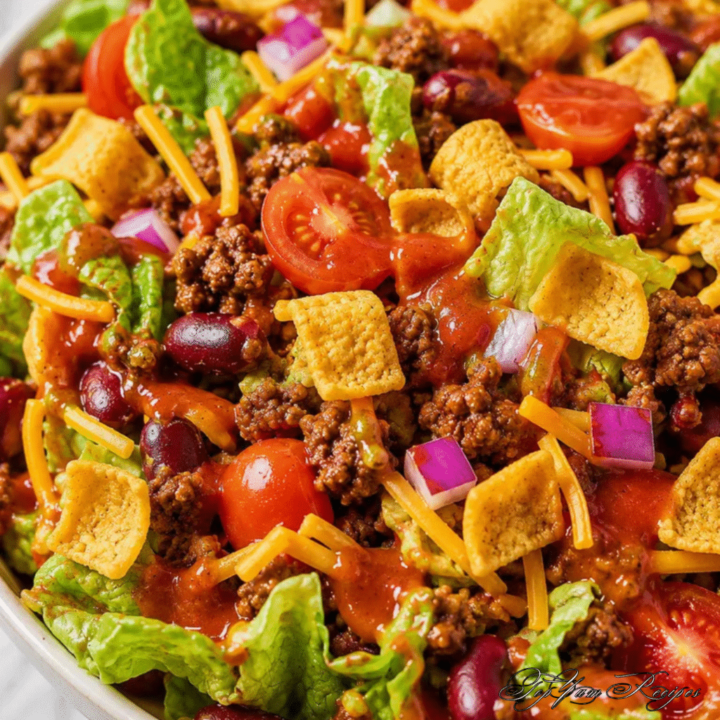 Catalina dressing being poured over a taco salad with lettuce, tomatoes, and Fritos