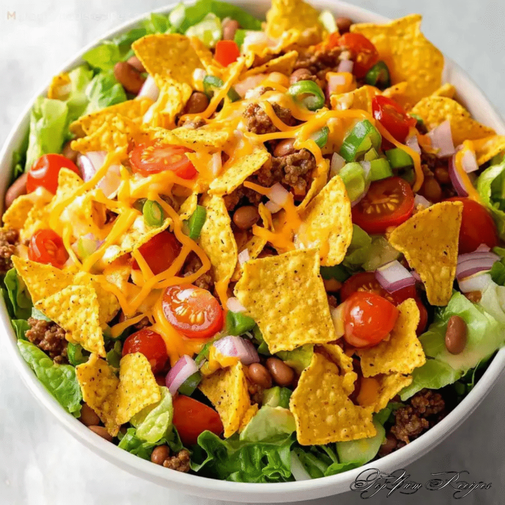 Frito taco salad with Catalina dressing in a large bowl, topped with corn chips, cheese, and ground beef