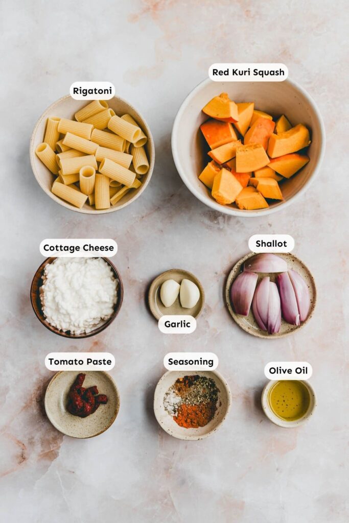 Ingredients for Cottage Cheese Pumpkin Pasta Bake